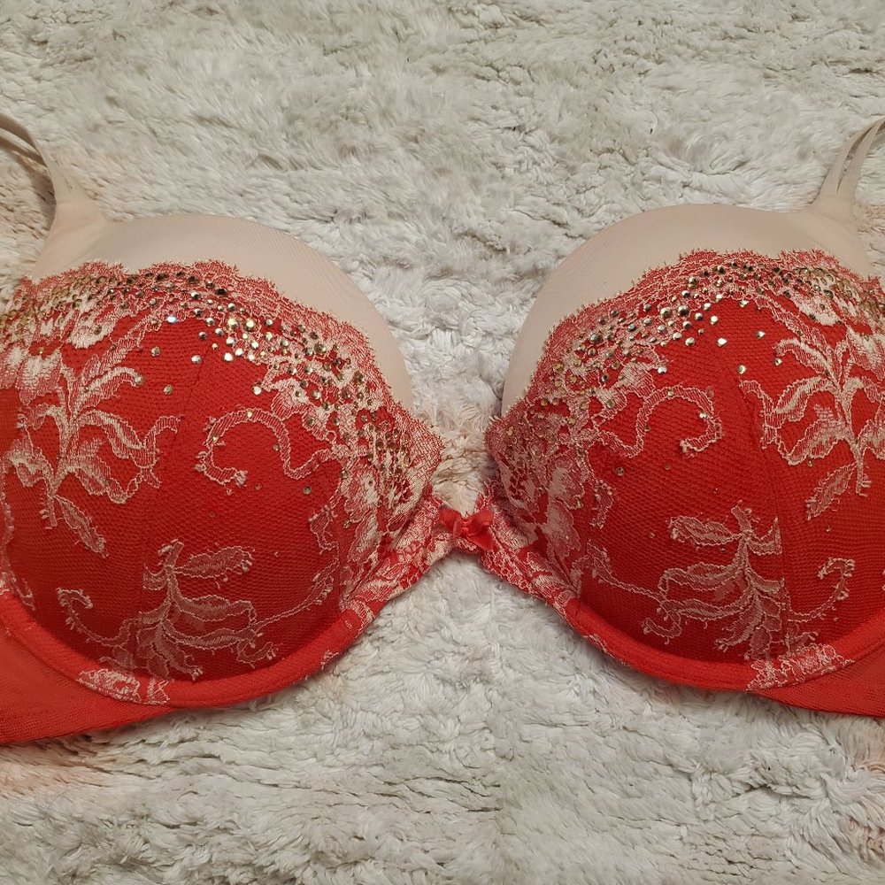 Victoria's Secret Red/Pink Embellished Bra Push Up 34DD Very Sexy Plunge